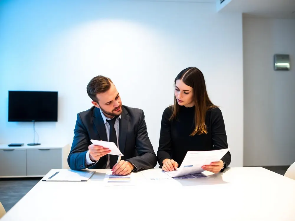 Two professionals comparing printed opportunity information at a table