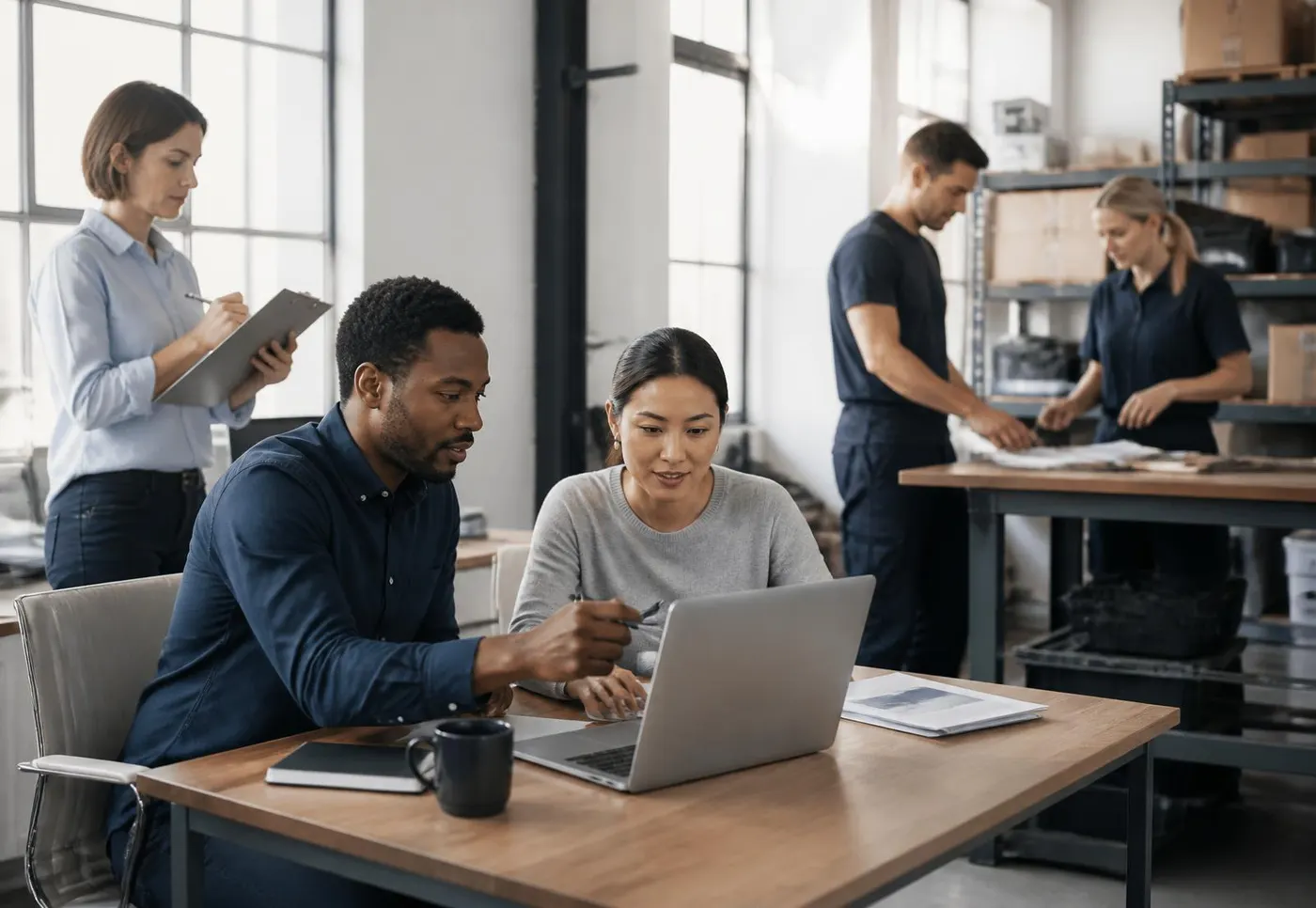 Diverse working-age adults collaborating in a modern professional workspace in the United States